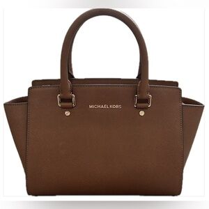Michael Kors Selma Saffiano Leather Medium Satchel in Cognac